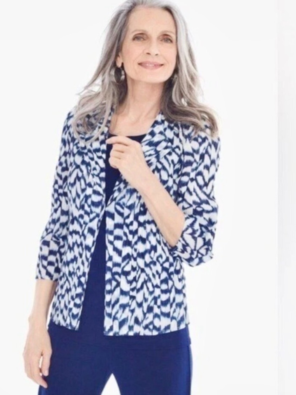 Chico’s Travelers Brushstroke Pleated Jacket Women’s Size XXL Ikat Shibori Boho